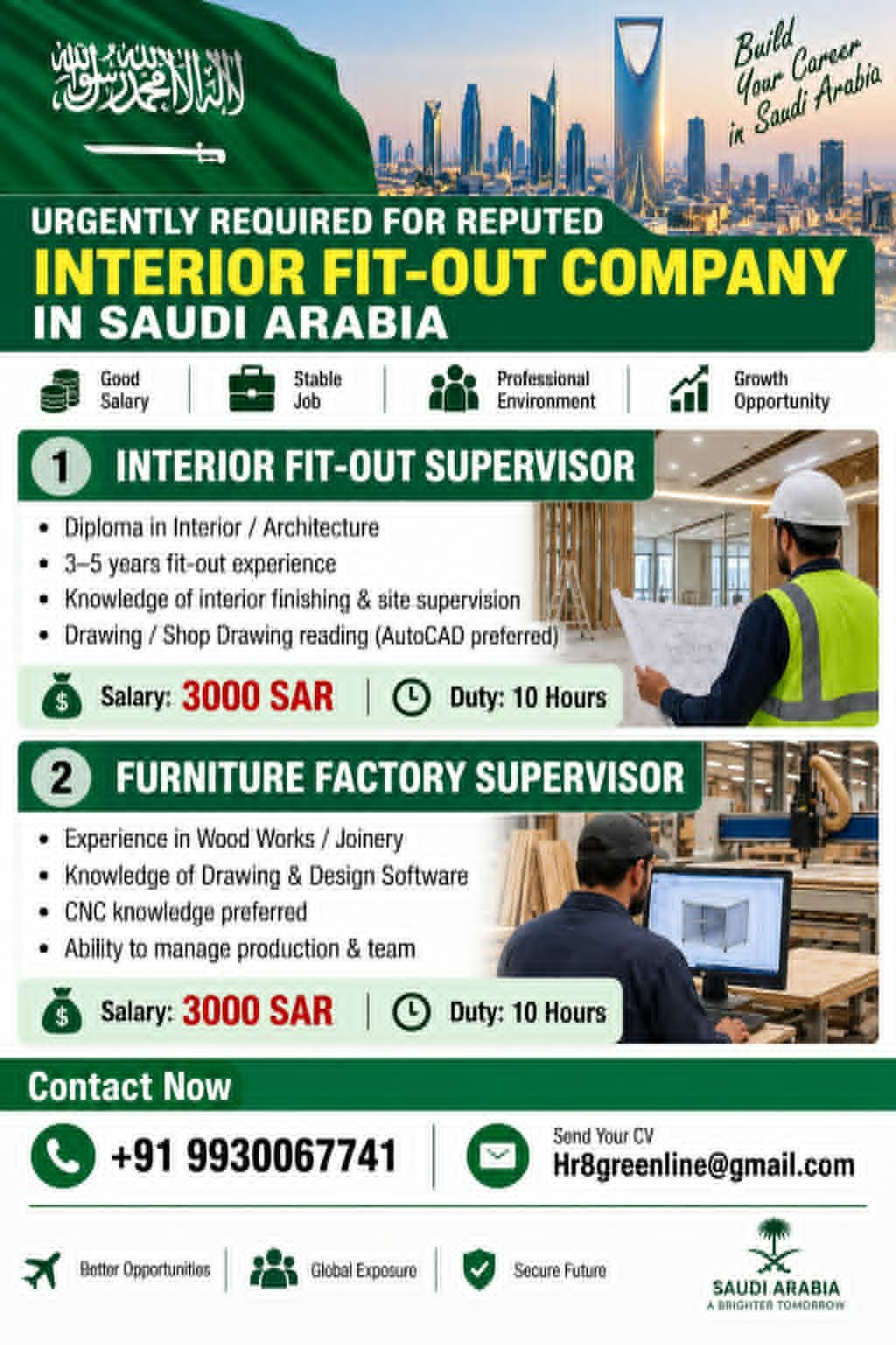 Saudi Arabia Jobs 2026 – Interior Fit-Out & Furniture Factory Supervisors