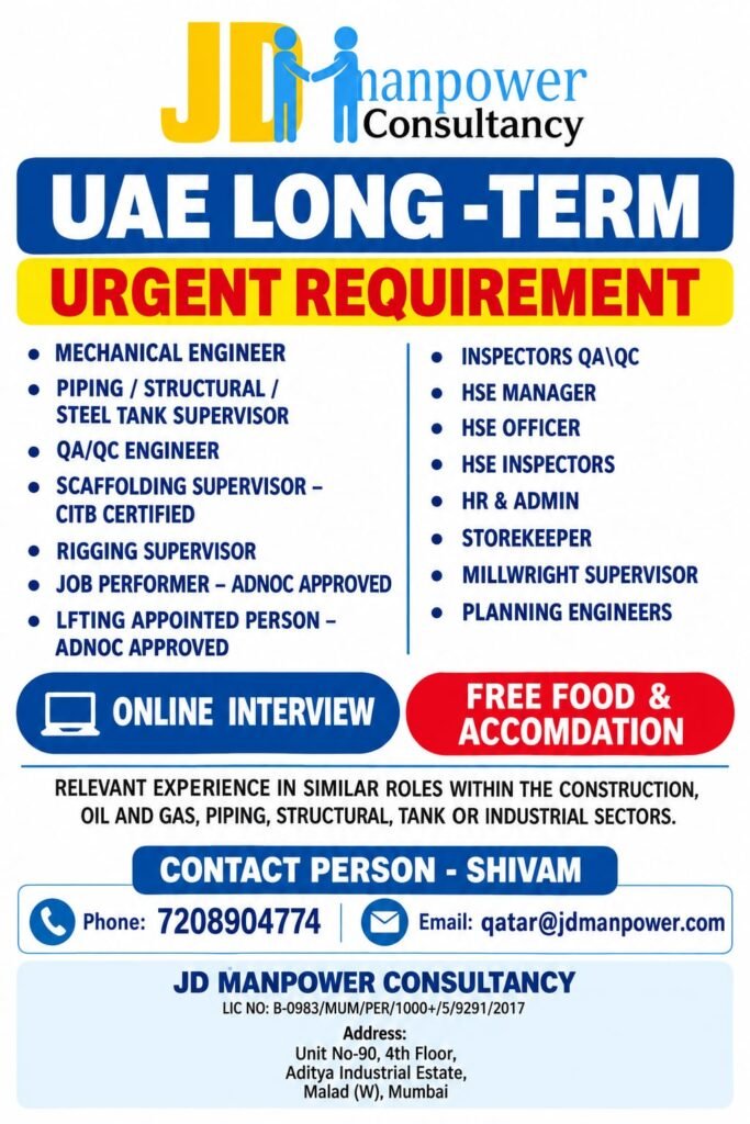 UAE Jobs 2026 – Recruitment Engineers, Supervisors & HSE Vacancies