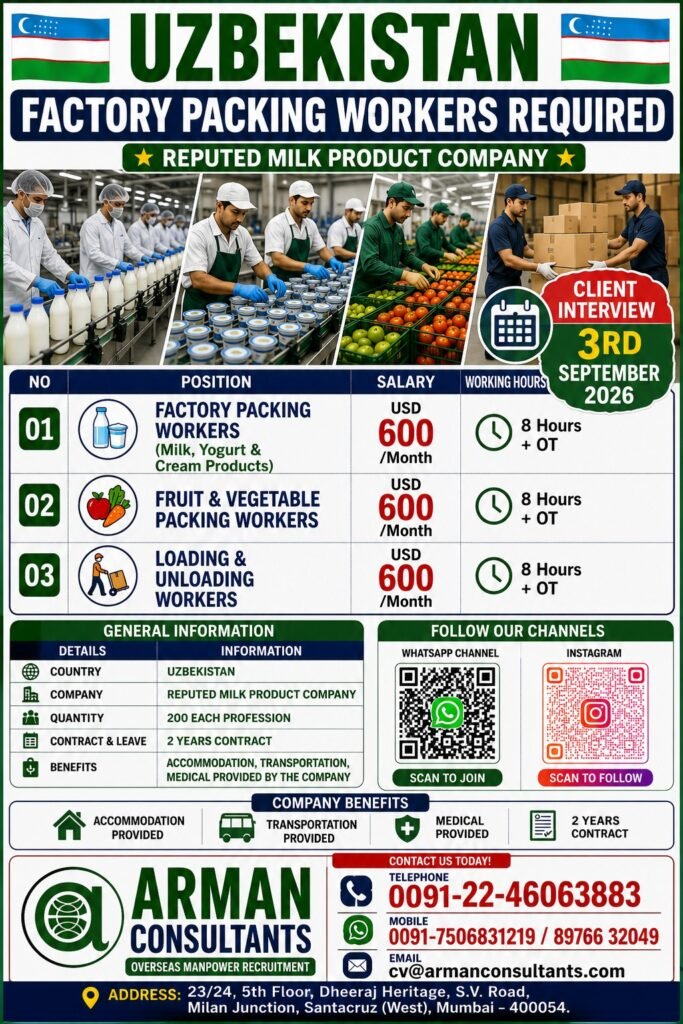 Uzbekistan Factory Packing Jobs 2026: 600 Vacancies for Packing and Loading Workers Uzbekistan Factory Packing Jobs 2026: 600 Vacancies for Packing and Loading Workers