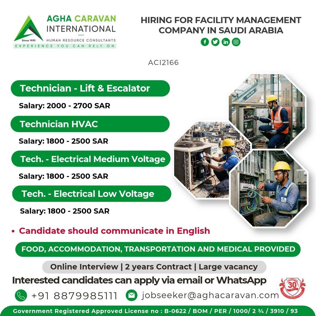 Saudi Arabia Jobs 2026 – Technician Vacancies for Lift, HVAC and Electrical