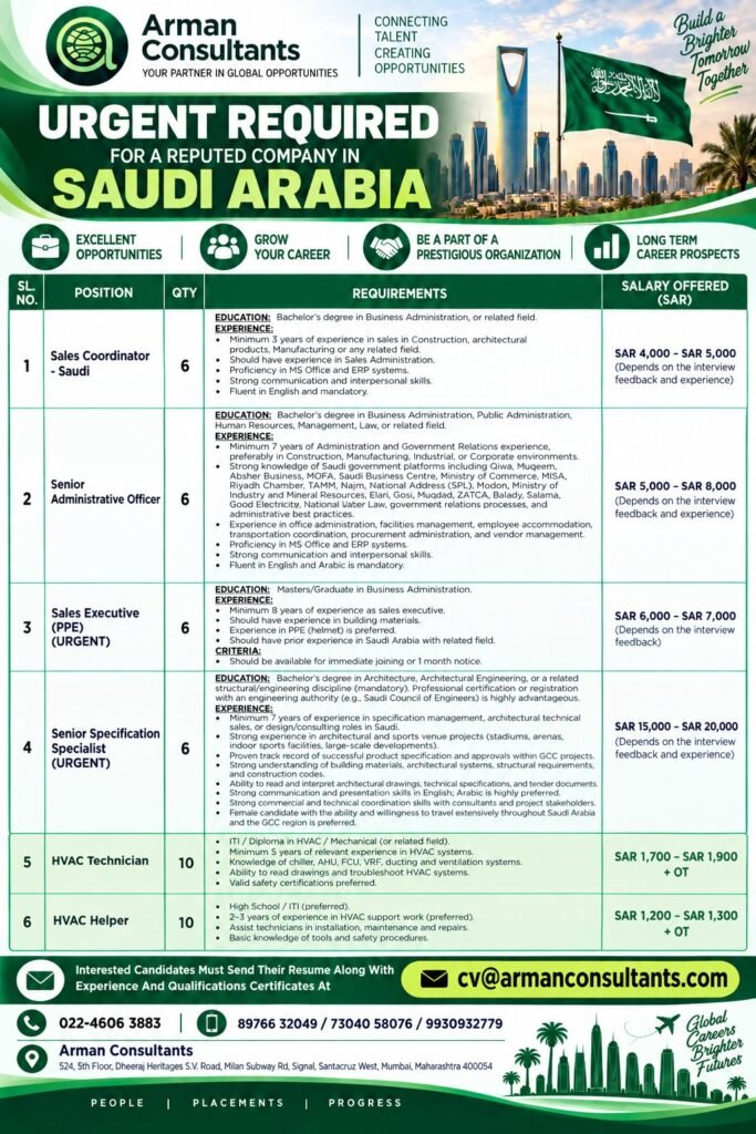 Saudi Arabia Jobs 2026: Urgent Hiring for Sales, Administration, Specification and HVAC Professionals