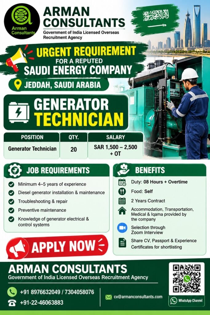 Saudi Arabia Jobs 2026: 20 Generator Technician Vacancies in Jeddah with SAR 2,500 Salary