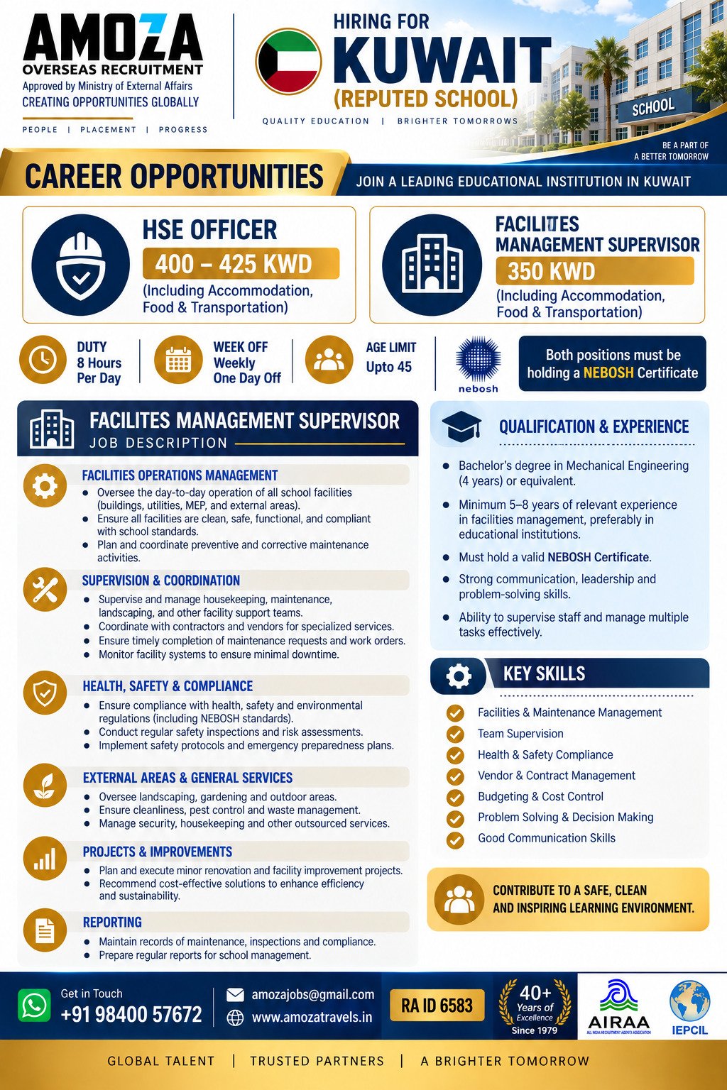 Kuwait Jobs 2026: School Hiring HSE Officer and Facilities Management Supervisor