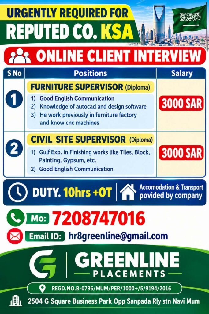 Saudi Arabia Jobs 2026: Furniture Supervisor and Civil Site Supervisor Vacancies