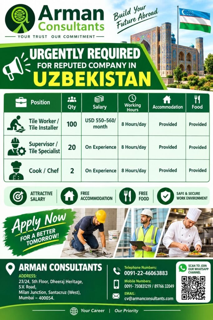 Uzbekistan Jobs 2026 – Urgent Recruitment for Tile Workers, Supervisors & Chefs