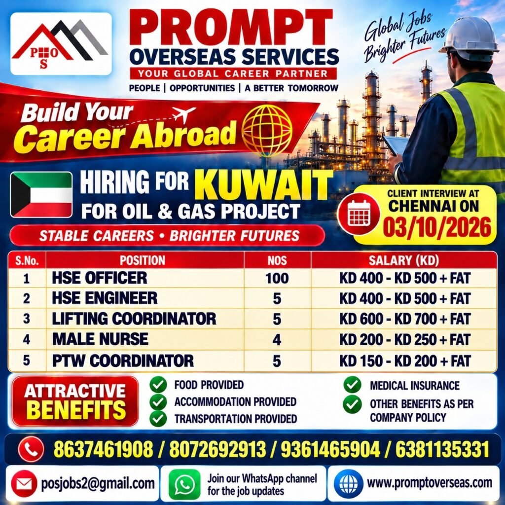 Kuwait Jobs 2026 – Oil & Gas Project | HSE Officers, Engineers, Lifting & PTW Coordinators Kuwait Jobs 2026 – Oil & Gas Project | HSE Officers, Engineers, Lifting & PTW Coordinators