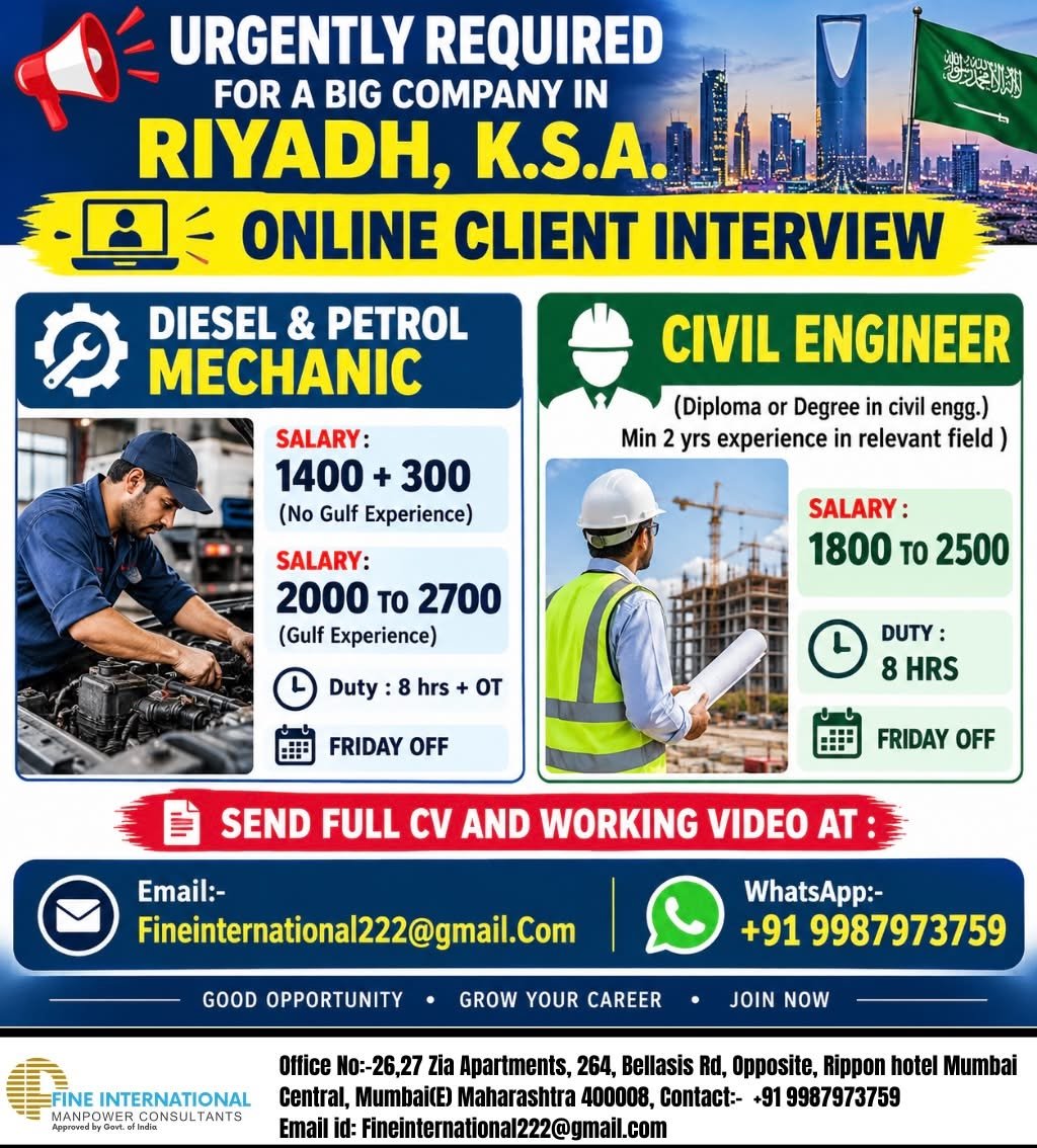 Saudi Arabia Jobs 2026: Diesel Mechanic and Civil Engineer Vacancies in Riyadh