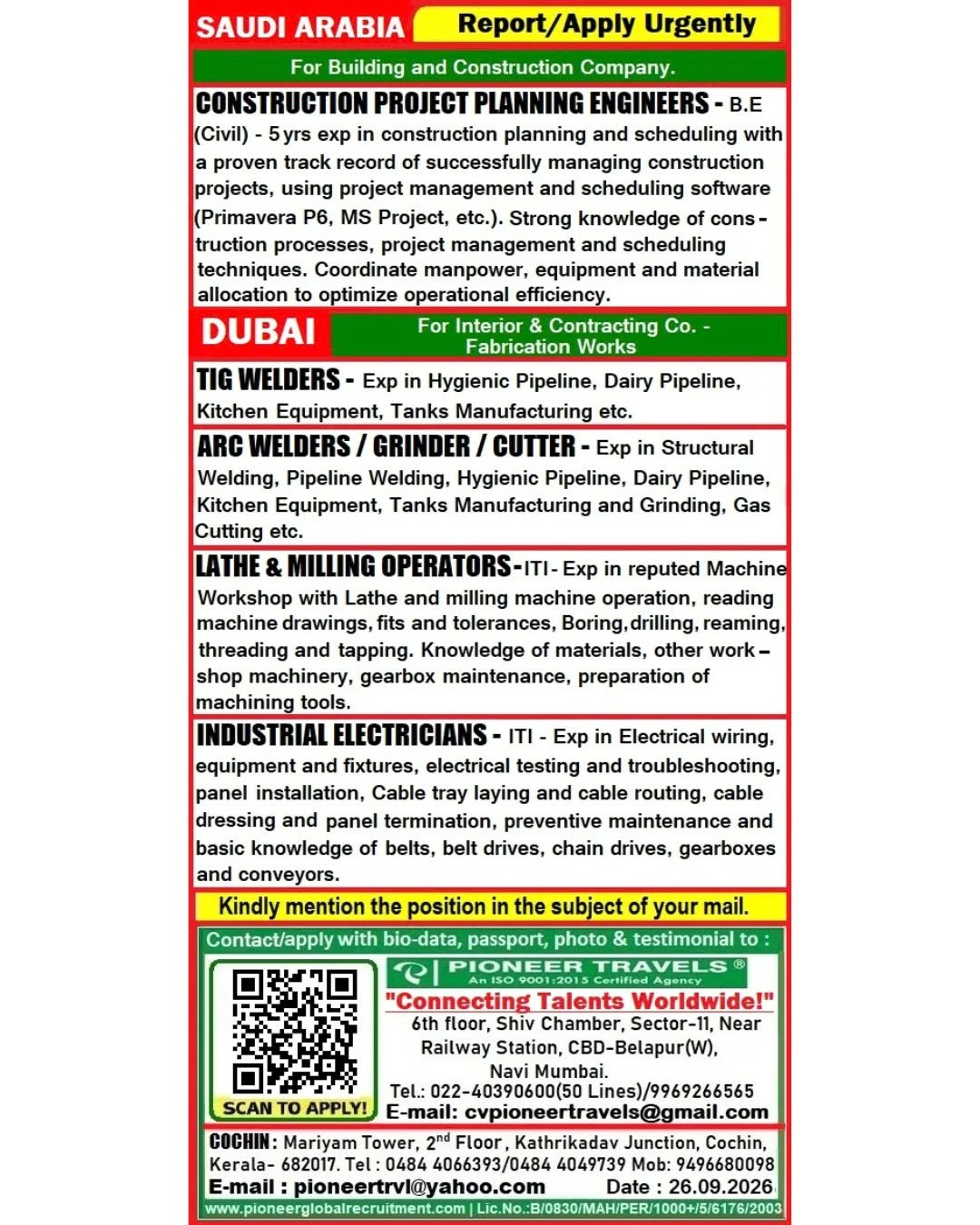 Urgent Hiring For Saudi Arabia & Dubai