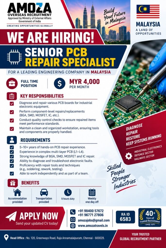 Malaysia Jobs 2026 – Senior PCB Repair Specialist Vacancy | MYR 4,000 Salary