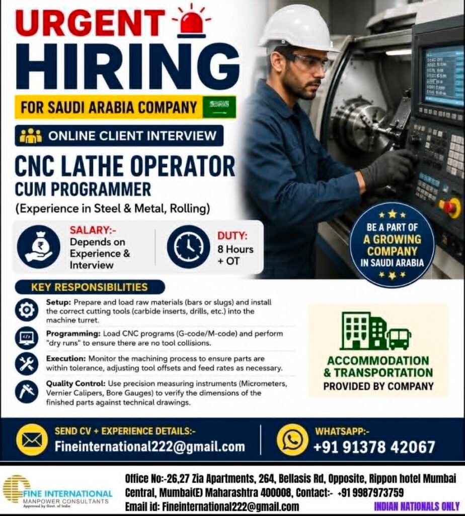 CNC Lathe Operator Cum Programmer Jobs in Saudi Arabia – Urgent Hiring
