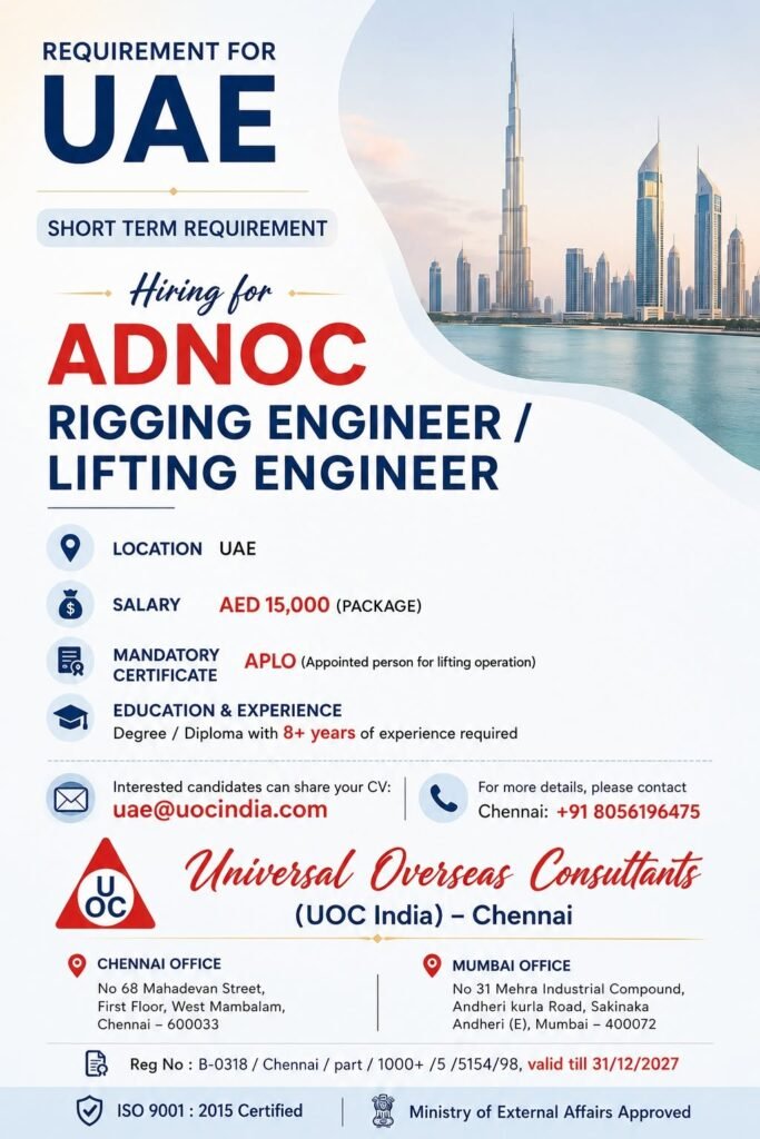 Hiring Rigging Engineer / Lifting Engineer for UAE