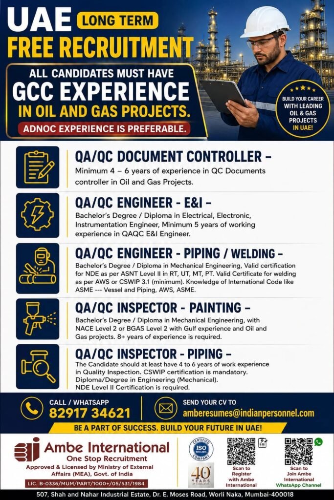 UAE Oil and Gas Jobs 2026 – Free Recruitment for long-term projects