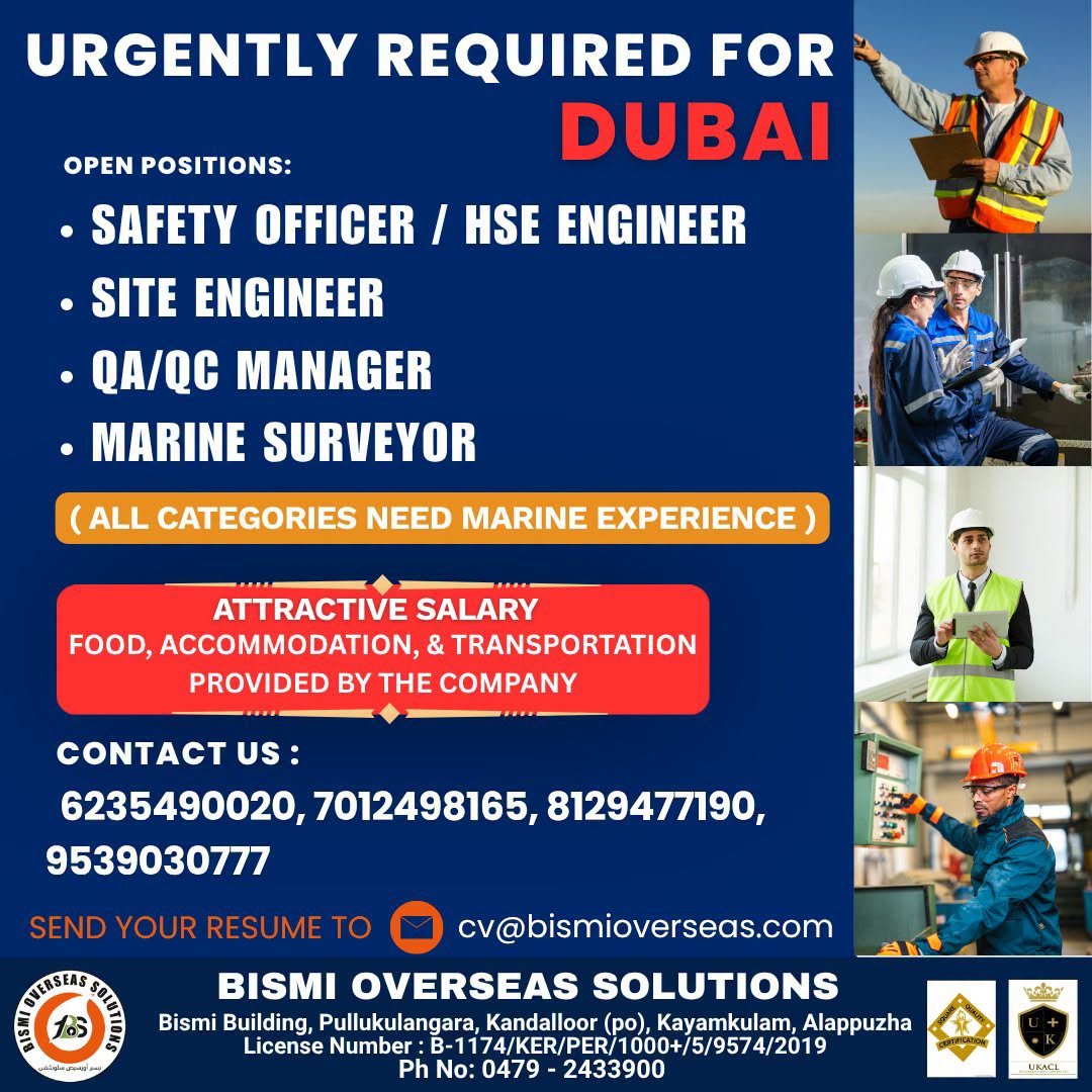Dubai Jobs 2026: Safety Officer, Site Engineer, QA/QC Manager & Marine Surveyor