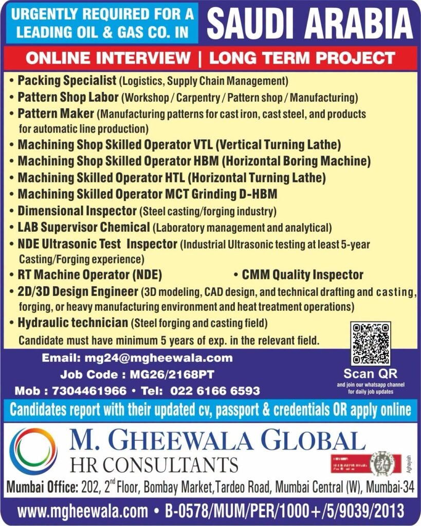 Saudi Arabia Oil & Gas Jobs 2026: Urgent Vacancies for Skilled Operators, Inspectors, Engineers and Technicians