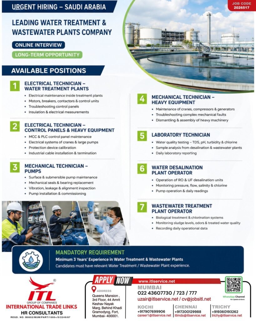 Saudi Arabia : Hiring For A leading Water Treatment & Wastewater Plants Company Saudi Arabia : Hiring For A leading Water Treatment & Wastewater Plants Company