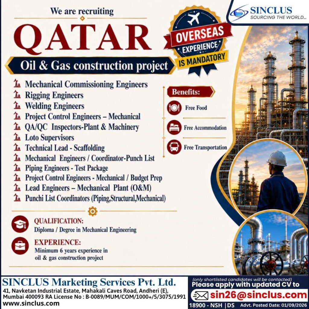 Qatar Jobs 2026 – Urgent Hiring for Oil & Gas construction project Qatar Jobs 2026 – Urgent Hiring for Oil & Gas construction project
