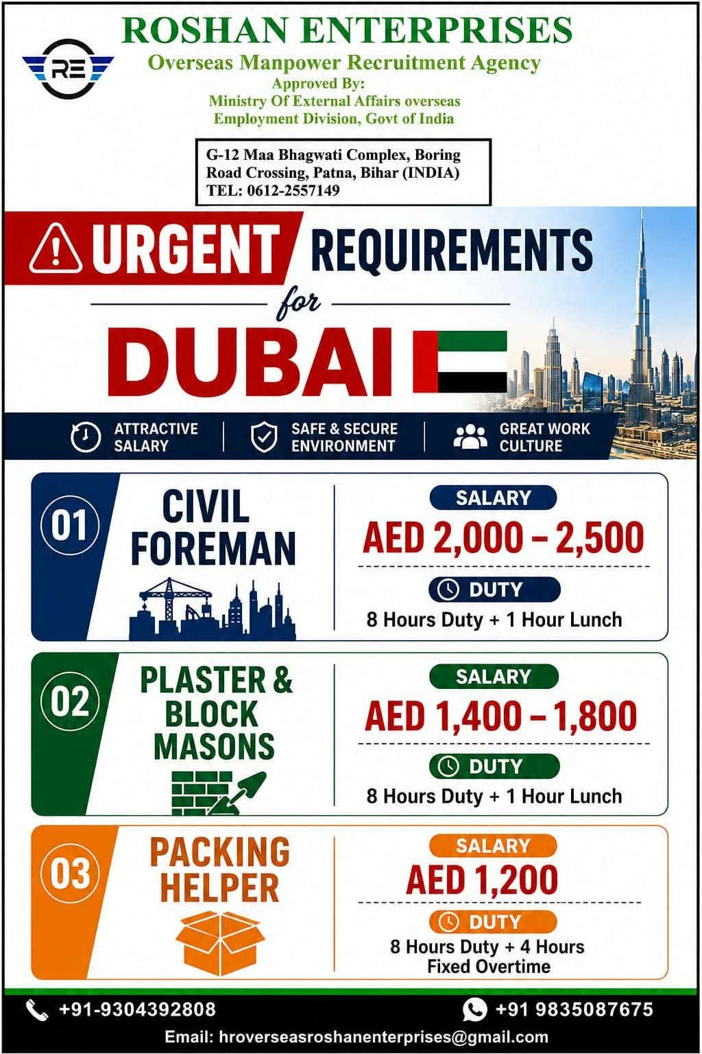 Dubai Jobs 2026 – Urgent Recruitment for Civil Foreman, Masons & Packing Helpers