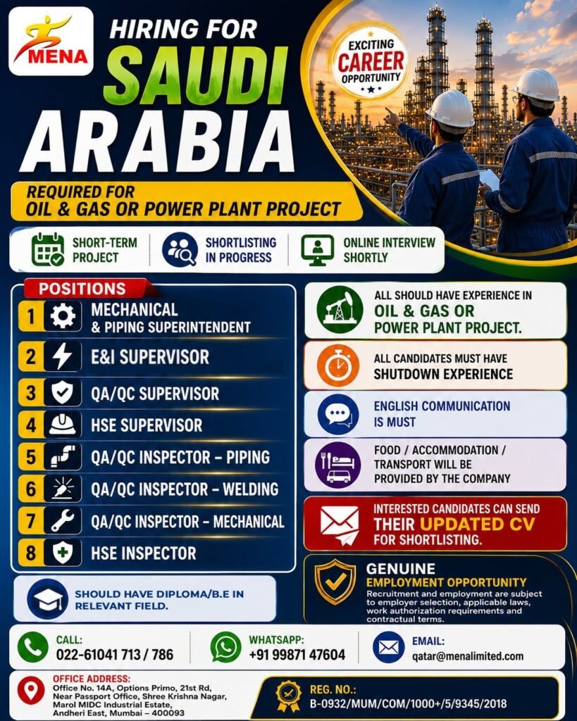Saudi Arabia Jobs 2026: Oil & Gas and Power Plant Project Vacancies
