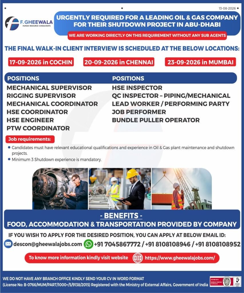 Abu Dhabi Jobs 2026: Oil & Gas Shutdown Project Vacancies 