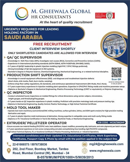 Saudi Arabia Jobs 2026: Urgent Vacancies for A leading molding factory Saudi Arabia Jobs 2026: Urgent Vacancies for A leading molding factory