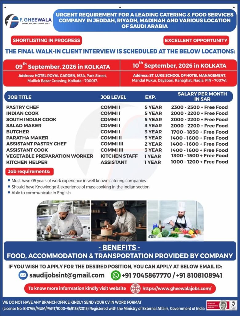 Saudi Arabia Jobs 2026: Catering and Food Service Vacancies with Free Food, Accommodation and Transport