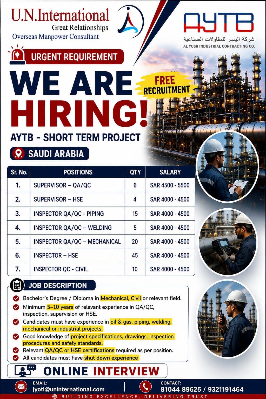 Saudi Arabia Jobs 2026 – Hiring For AYTB – Al Yusr Industrial Contracting Co.