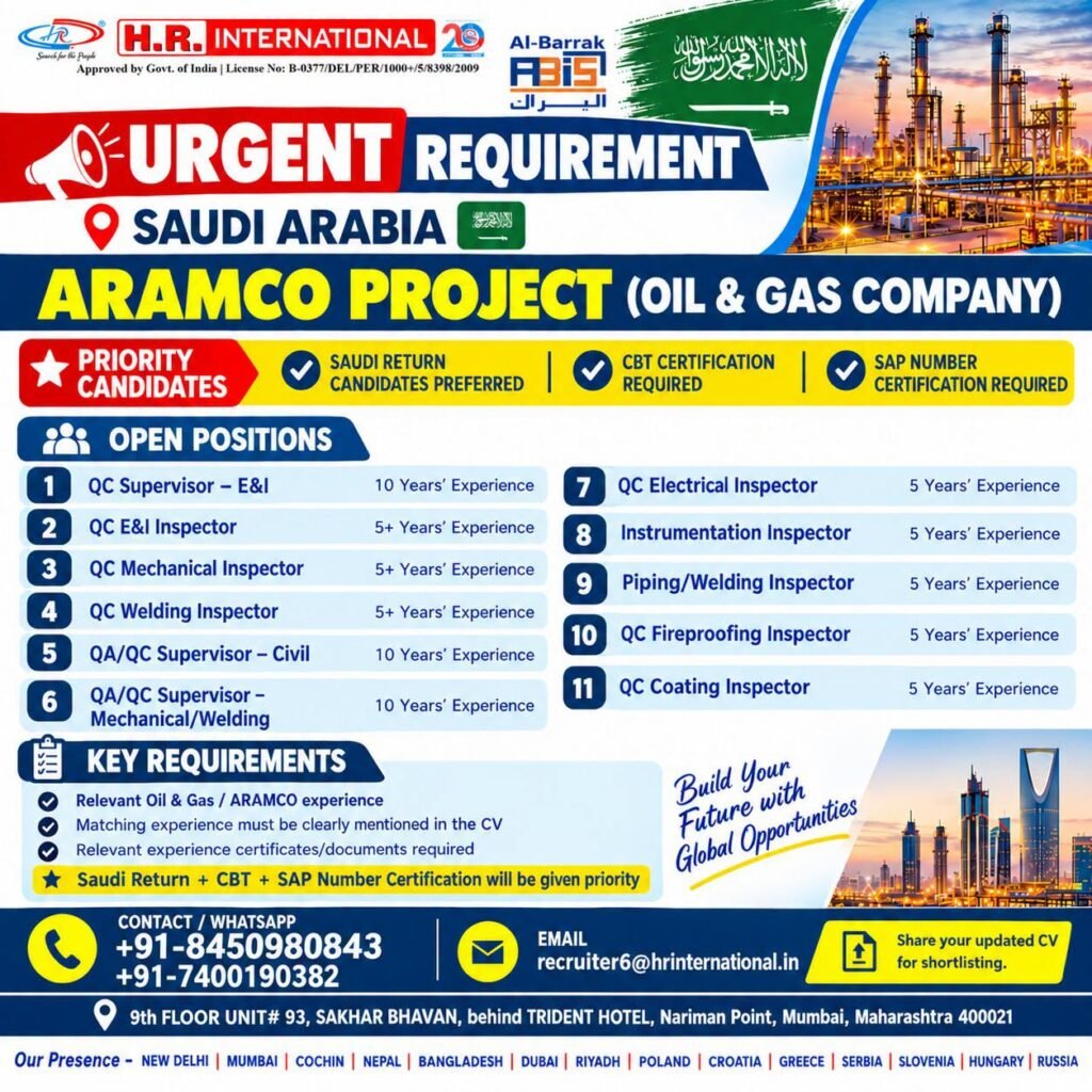 hiring for an Aramco Project with an Oil & Gas Company in Saudi Arabia