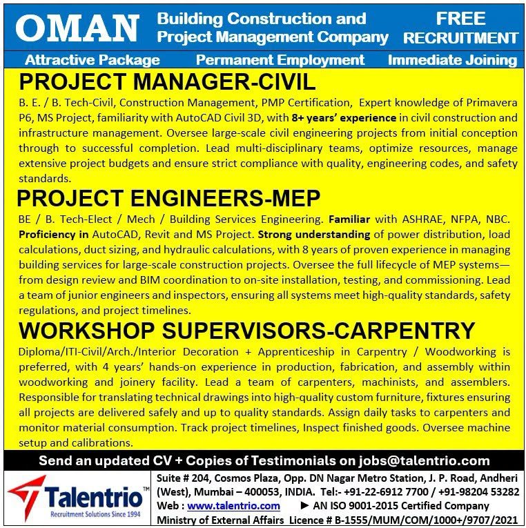 Oman Jobs 2026: Project Manager, Project Engineer and Workshop Supervisor Vacancies Oman Jobs 2026: Project Manager, Project Engineer and Workshop Supervisor Vacancies