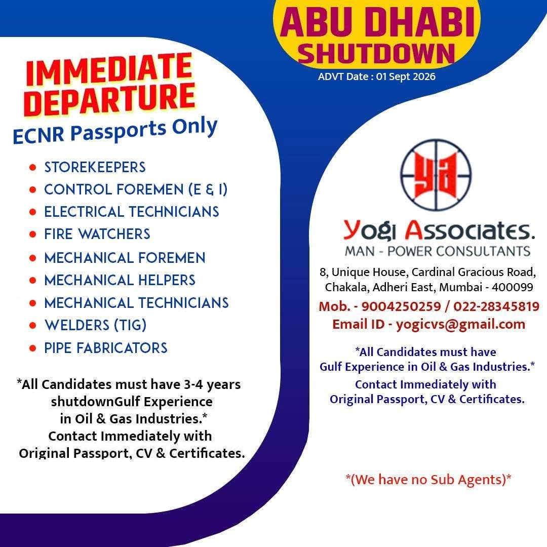 Abu Dhabi Shutdown Jobs 2026 – Urgent Oil & Gas Vacancies | Immediate Departure