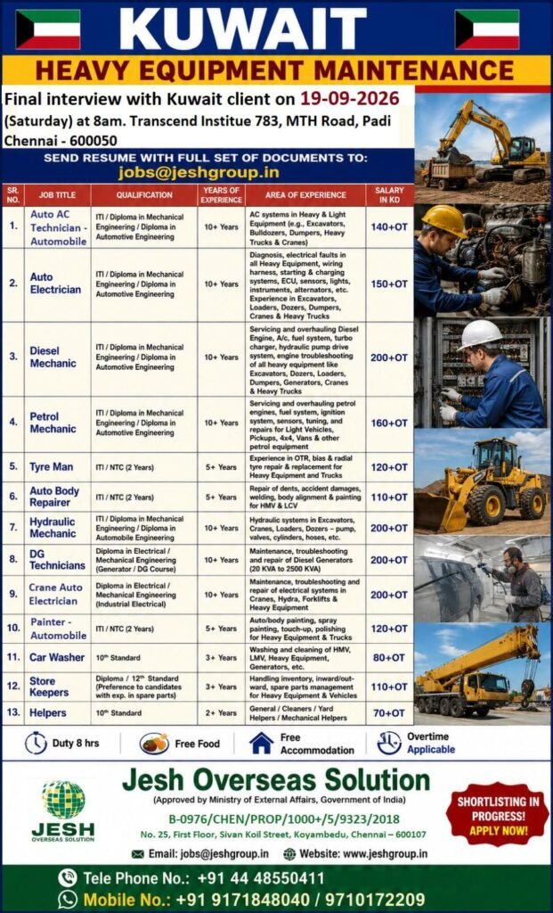 Kuwait Jobs 2026: Heavy Equipment Maintenance Vacancies