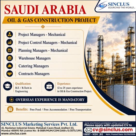 Saudi Arabia Jobs 2026 : Oil & Gas Construction Project