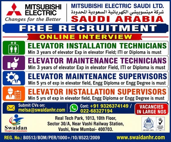 Mitsubishi Electric Saudi Arabia Jobs 2026: Elevator Technicians and Supervisors Required