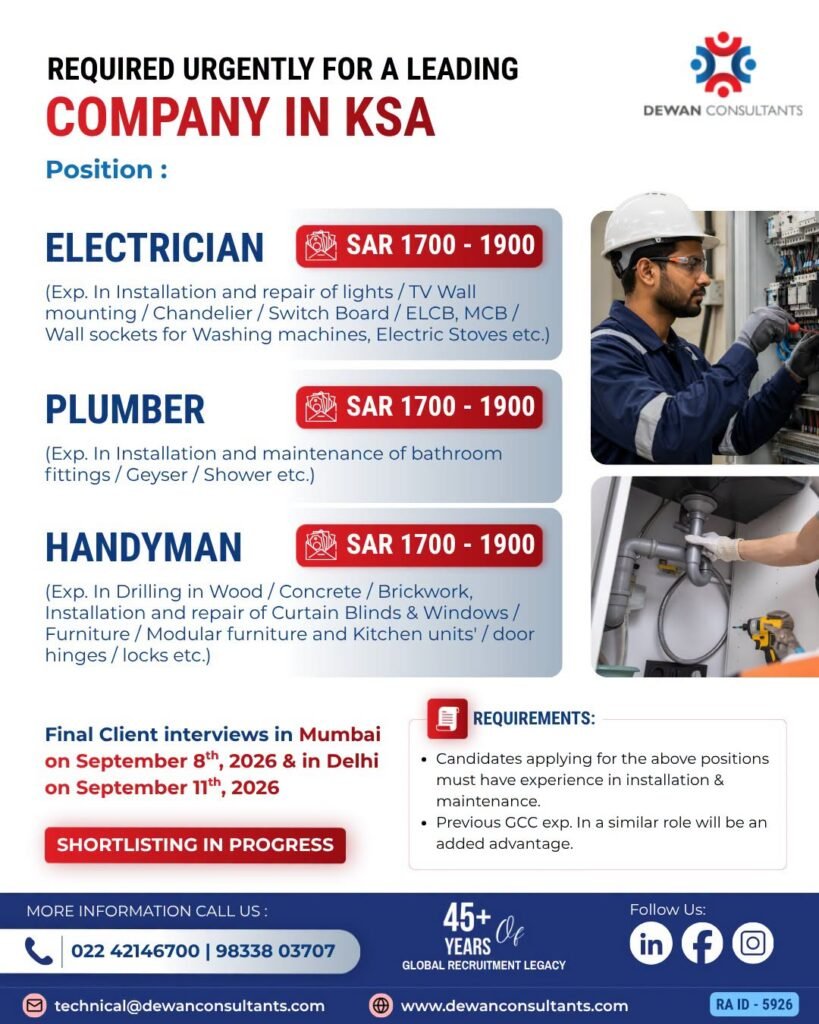 hiring Electricians, Plumbers and Handyman for a leading company in Saudi Arabia