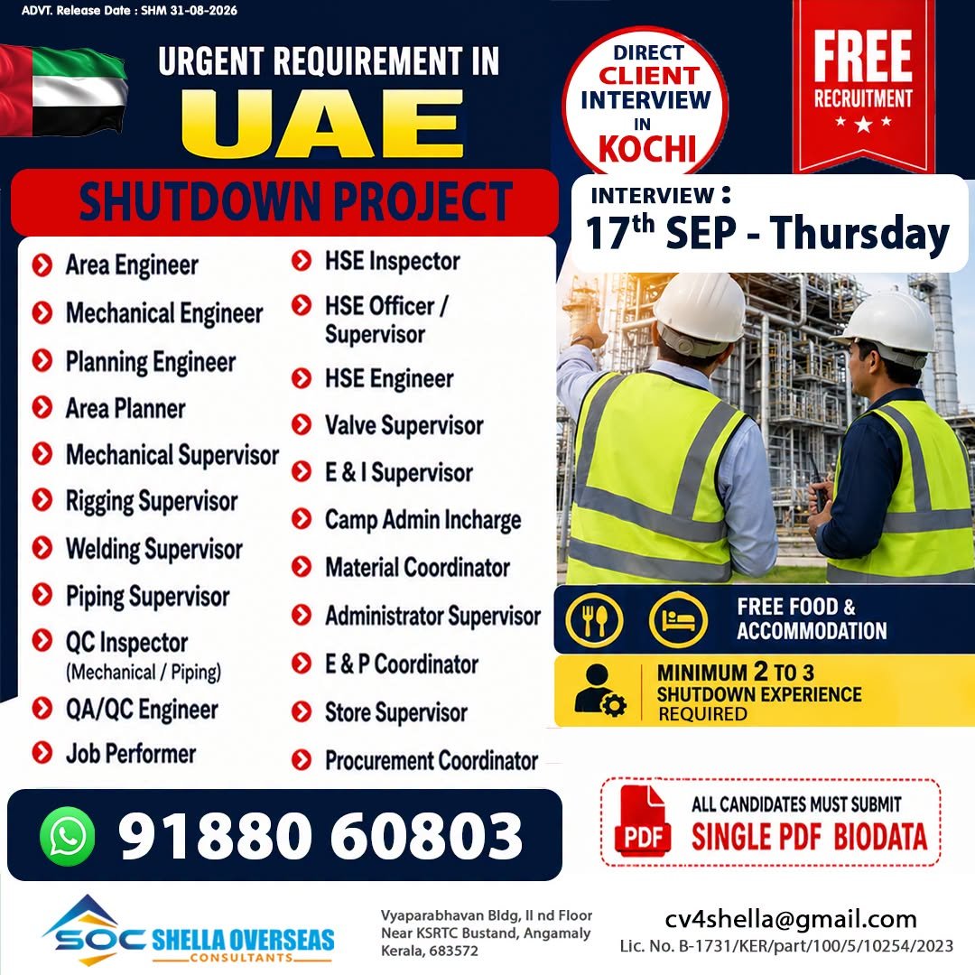 UAE Shutdown Project Jobs 2026: Urgent Vacancies for Engineers, Supervisors, QC Inspectors and Coordinators