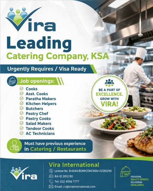 Hiring Urgent For A leading catering company in Saudi Arabia (KSA) 
