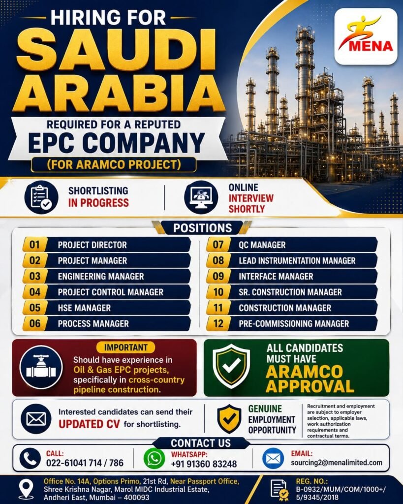 Saudi Arabia Jobs 2026: Vacancies for Aramco EPC Projects Saudi Arabia Jobs 2026: Vacancies for Aramco EPC Projects