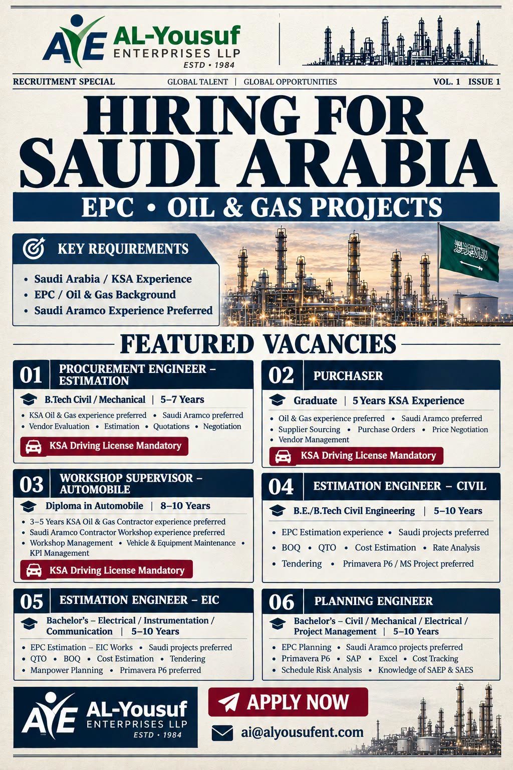 Saudi Arabia - Hiring For EPC Oil & Gas Project