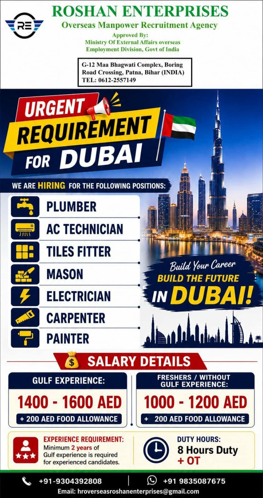 Dubai Jobs 2026: Urgent Hiring for Plumber, AC Technician, Mason, Electrician, Carpenter and Painter