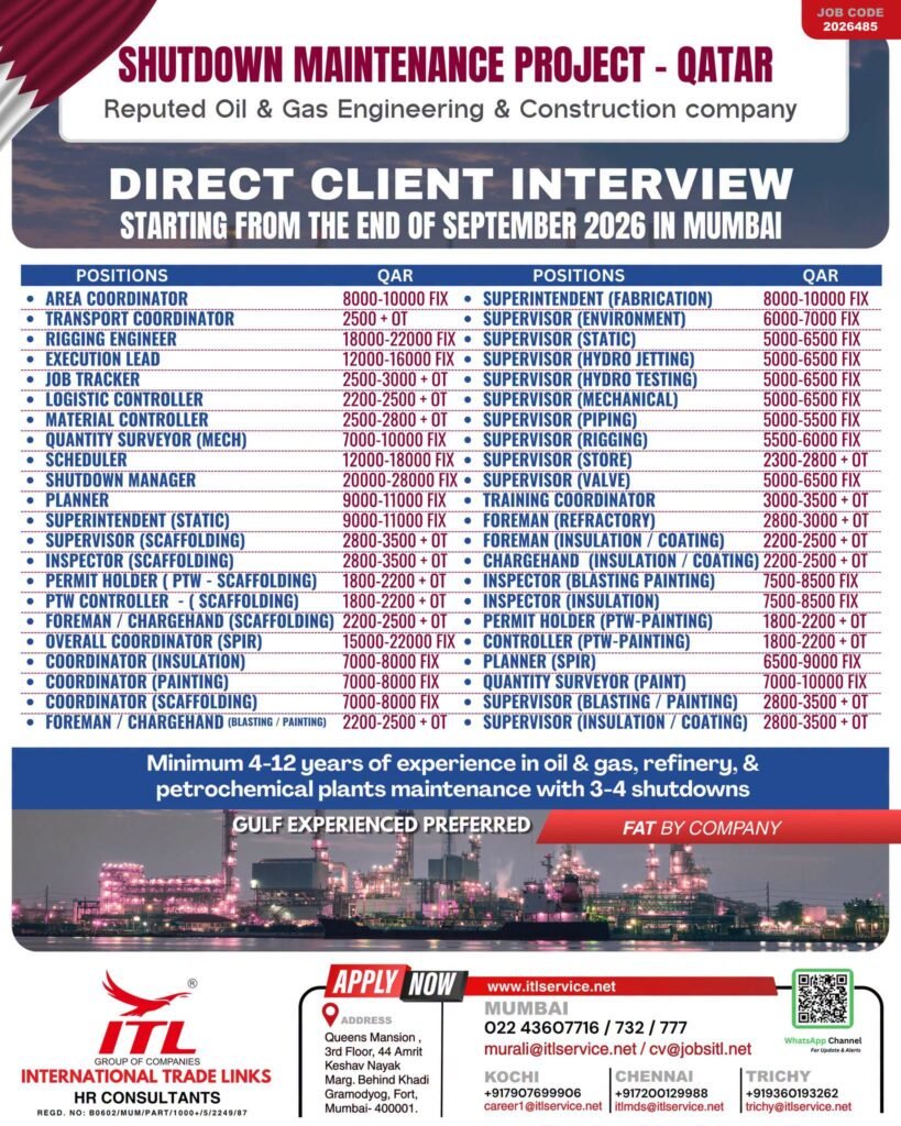 Qatar : Hiring For reputed Oil & Gas Engineering & Construction company