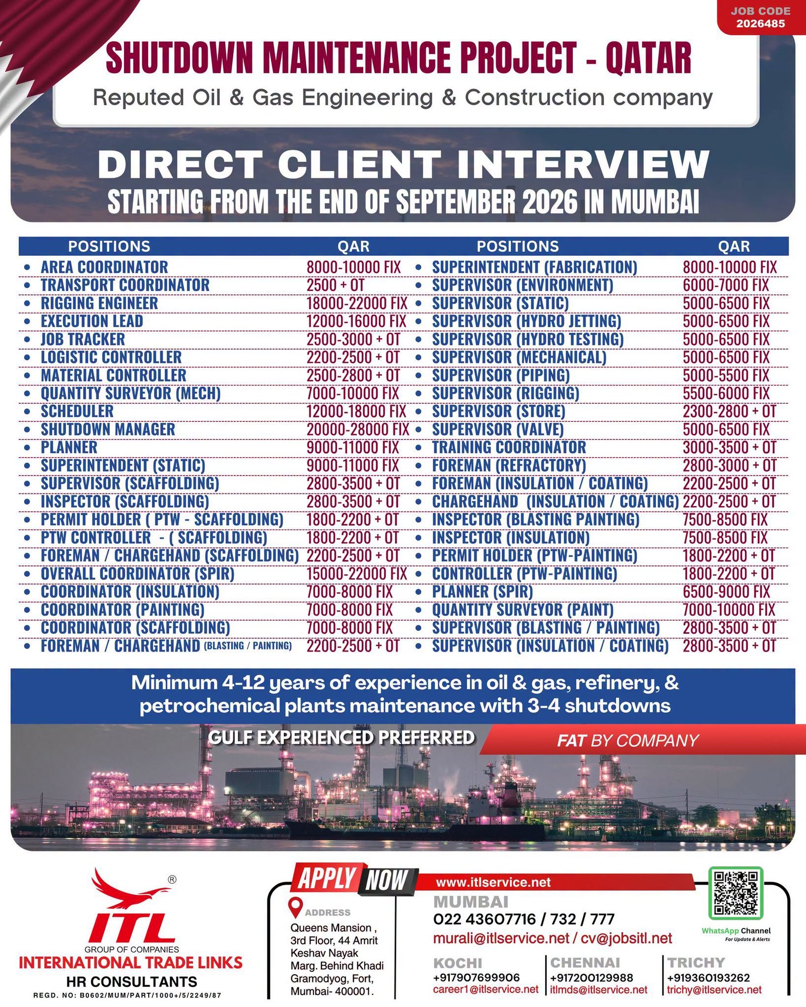 Qatar : Hiring For reputed Oil & Gas Engineering & Construction company