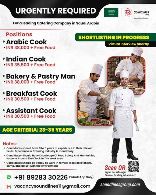 Hiring For a leading Catering Company in Saudi Arabia