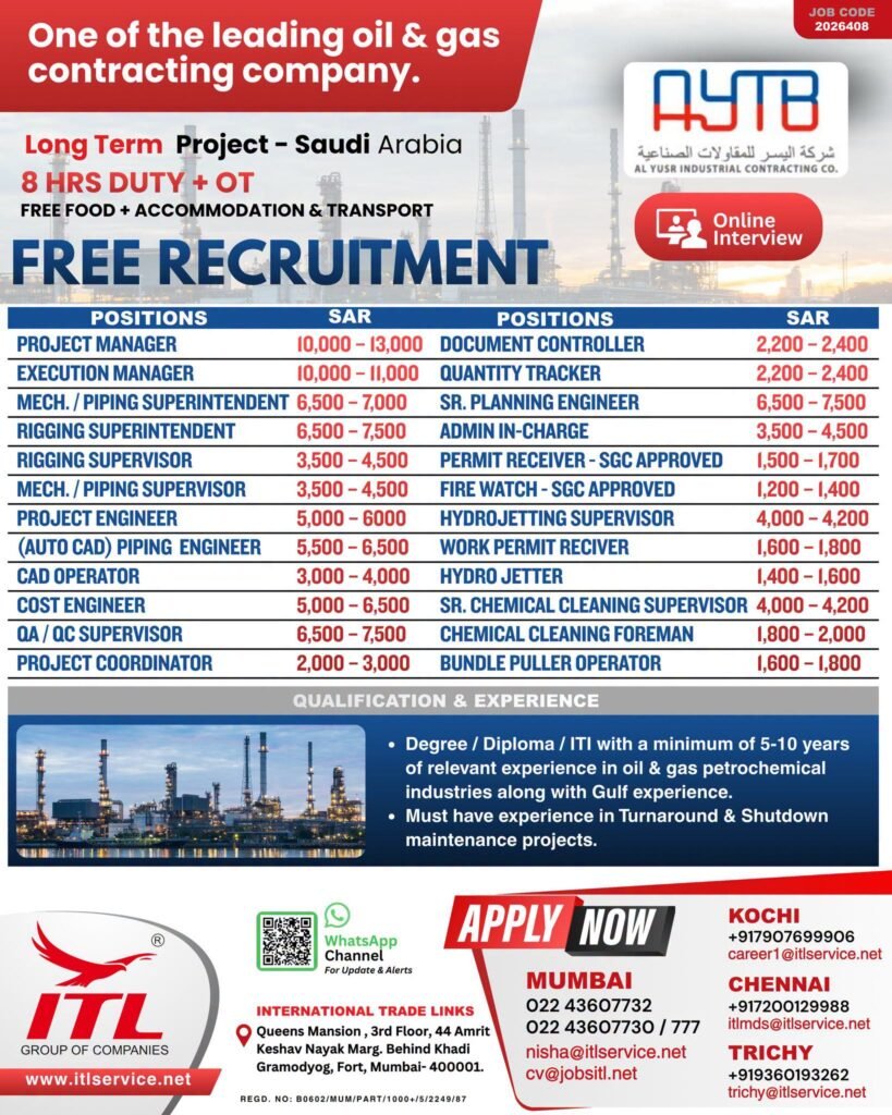 Saudi Arabia Jobs 2026 – Free Recruitment for AYTB Oil & Gas Project