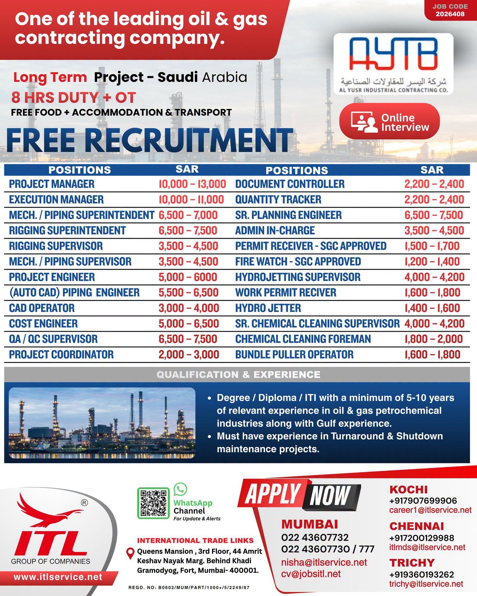 Saudi Arabia Jobs 2026 – Free Recruitment for AYTB Oil & Gas Project