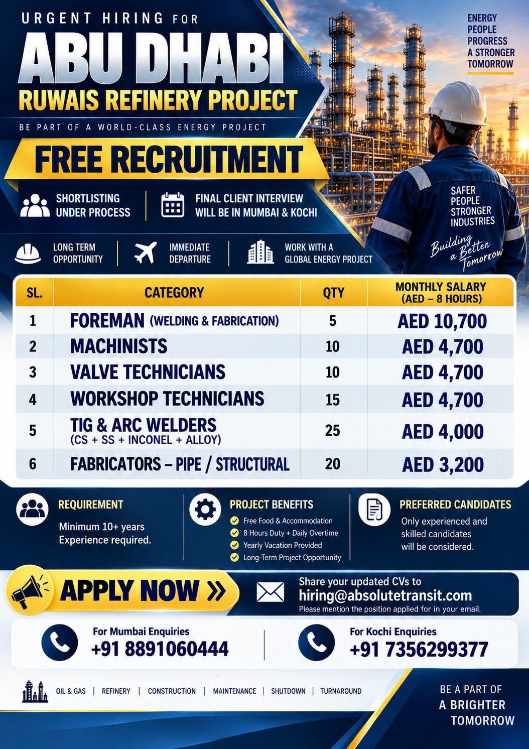 Abu Dhabi Ruwais Refinery Project Jobs 2026 – Free Recruitment