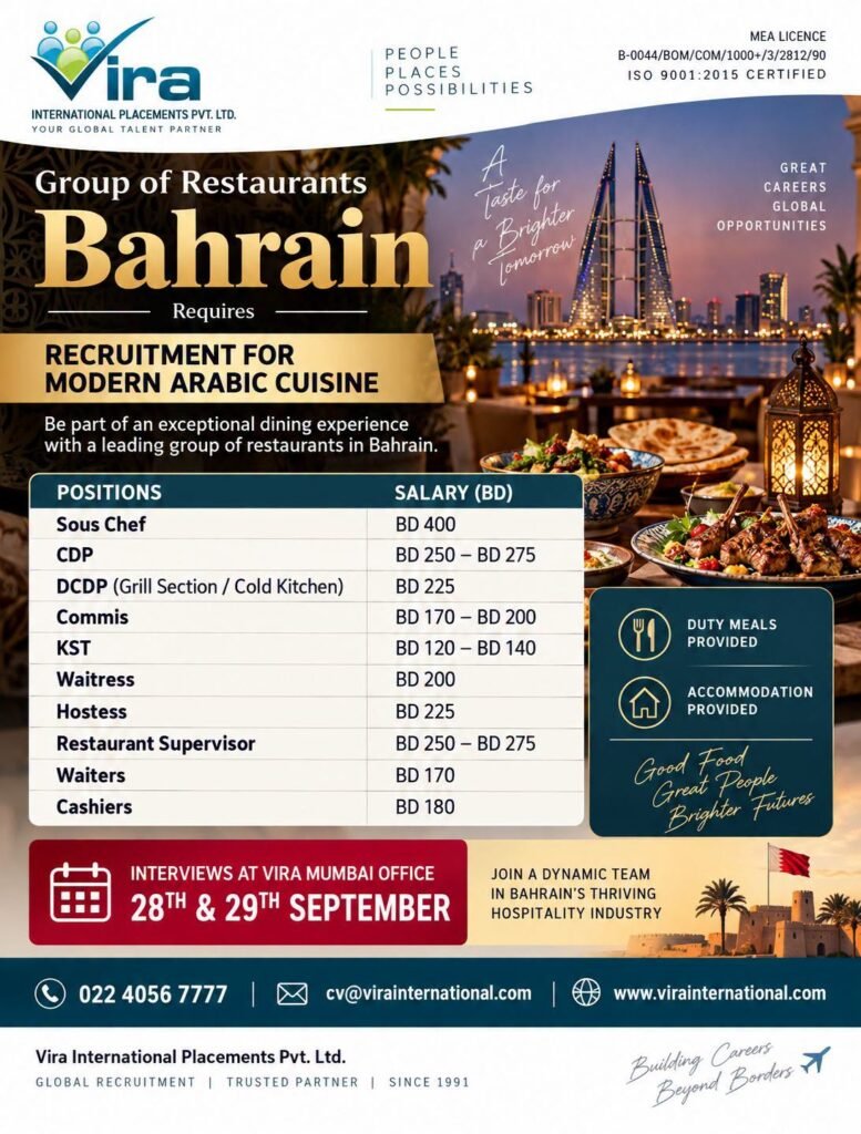 Bahrain : Hiring For A leading group of restaurants serving Modern Arabic Cuisine