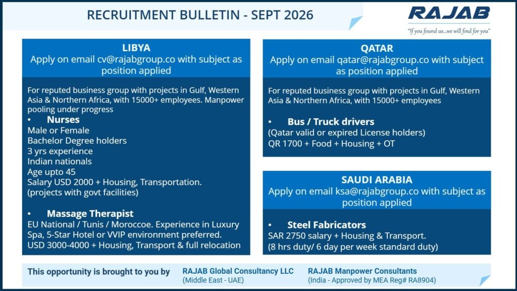 Libya, Qatar & Saudi Arabia Recruitment | Nurses, Drivers & Steel Fabricators Libya, Qatar & Saudi Arabia Recruitment | Nurses, Drivers & Steel Fabricators