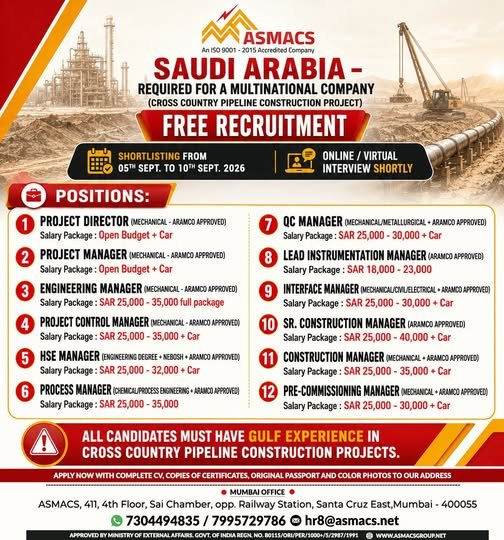 Saudi Arabia : Hiring for Cross Country Pipeline Construction Project
