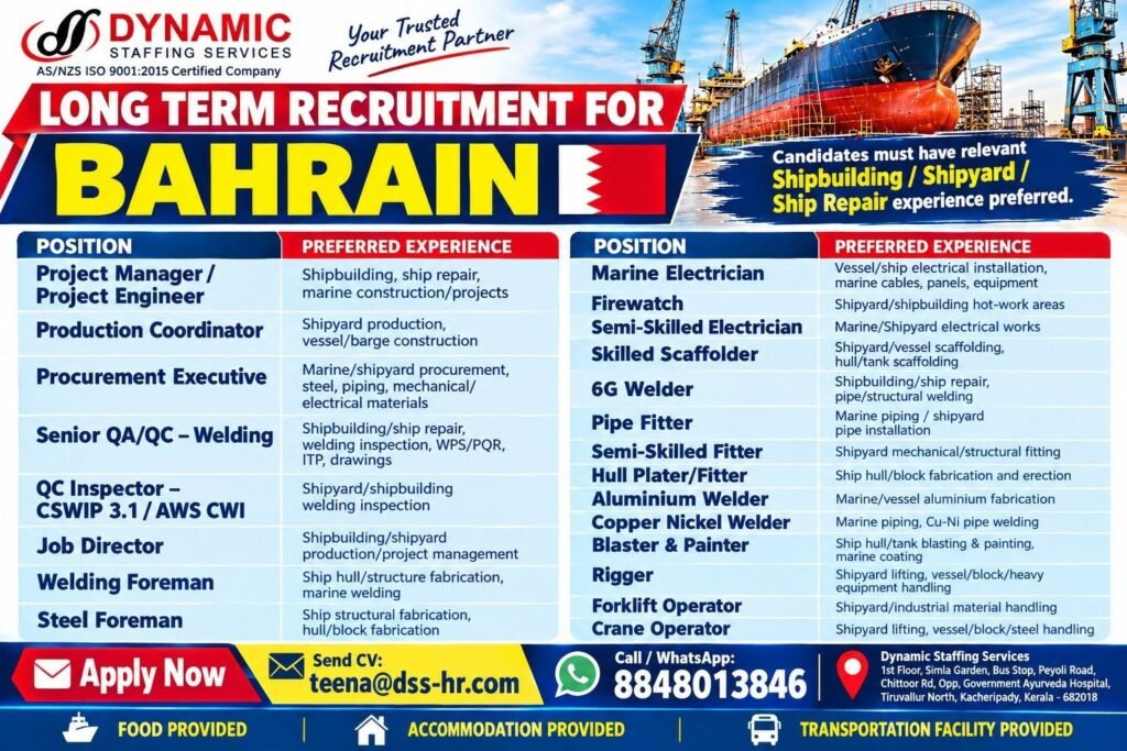 Bahrain Shipyard Jobs 2026 – Long Term Recruitment for Shipbuilding and Ship Repair