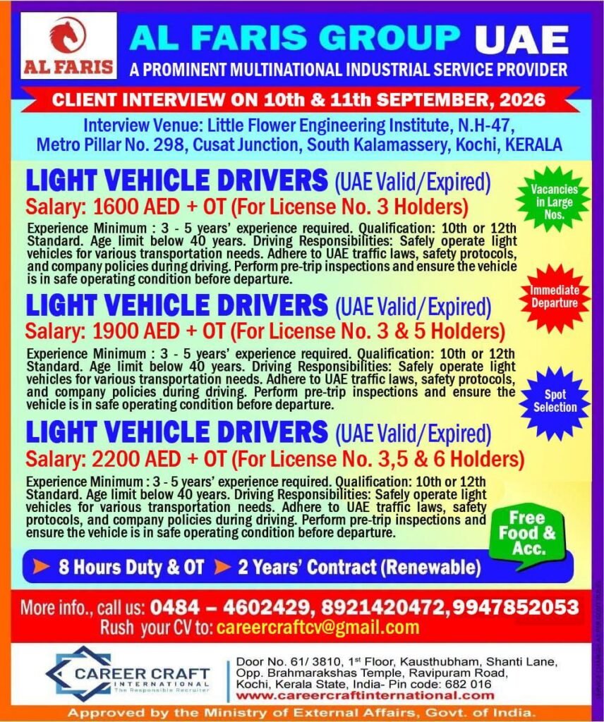 UAE Driver Jobs 2026: Light Vehicle Driver Vacancies in UAE with Salary Up to AED 2,200