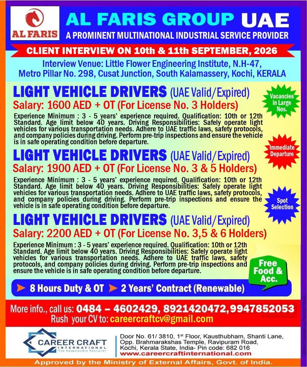 UAE Driver Jobs 2026: Light Vehicle Driver Vacancies in UAE with Salary Up to AED 2,200